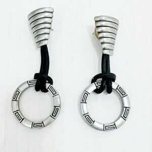 Rare Vintage Southwestern Aztec Inspired Sterling Loop Leather Earrings